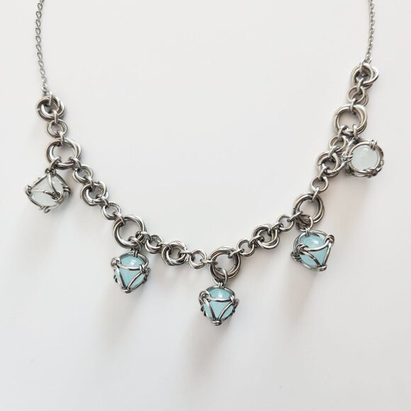 Vintage blue pearls and silver chunky statement necklace with a silver chain - Picture 7 of 8
